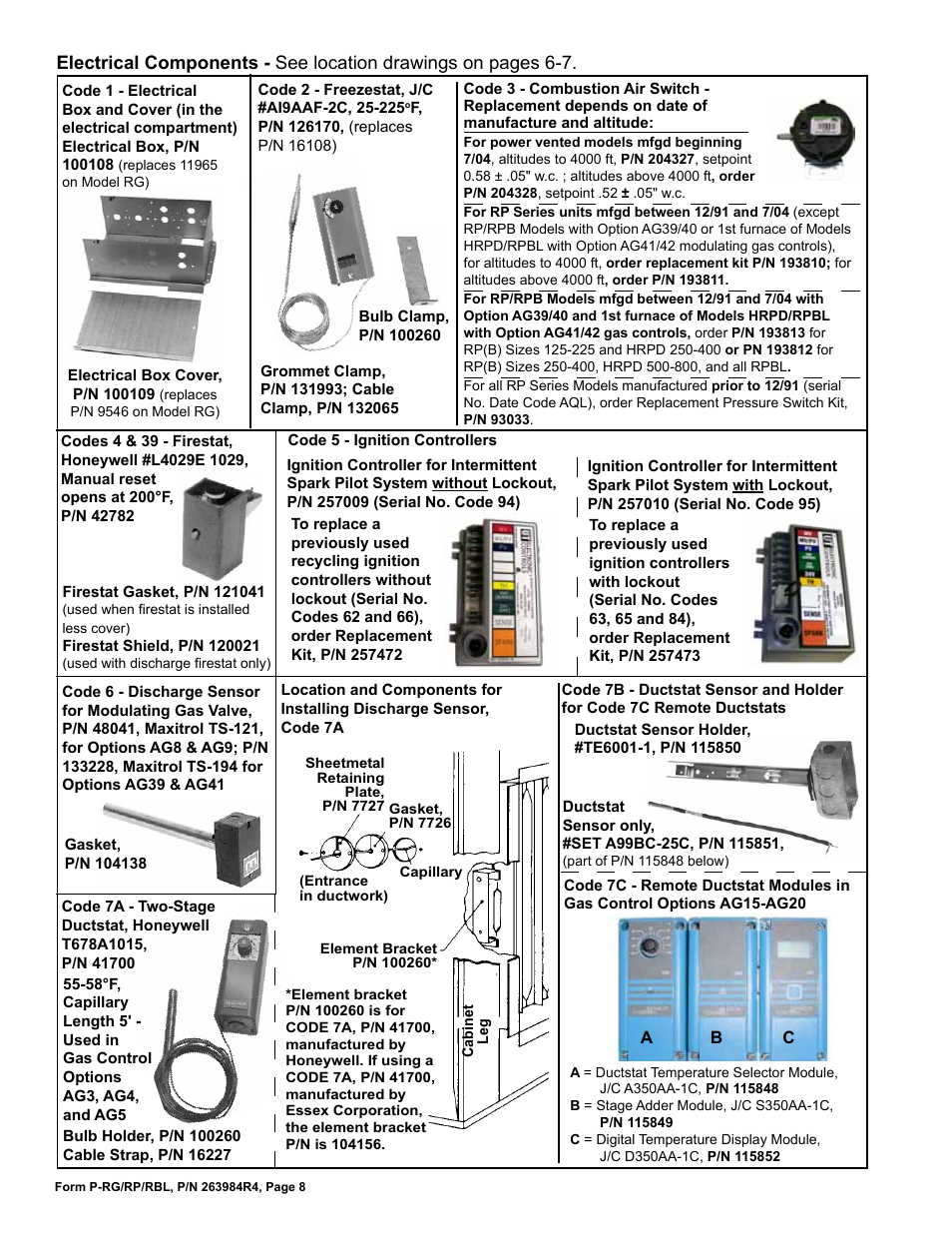 Electrical components 8, Firestat 8, Freezestat 8 | Sensor 8, Air switch 8 | Reznor HRPD Parts Manuals User Manual | Page 8 / 44