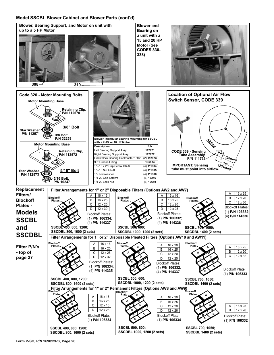Bearing mounting 26, Motor mounting bolts 26, Air flow switch sensor 26 | Models sscbl and sscdbl | Reznor SSCDBL Parts Manuals User Manual | Page 26 / 28