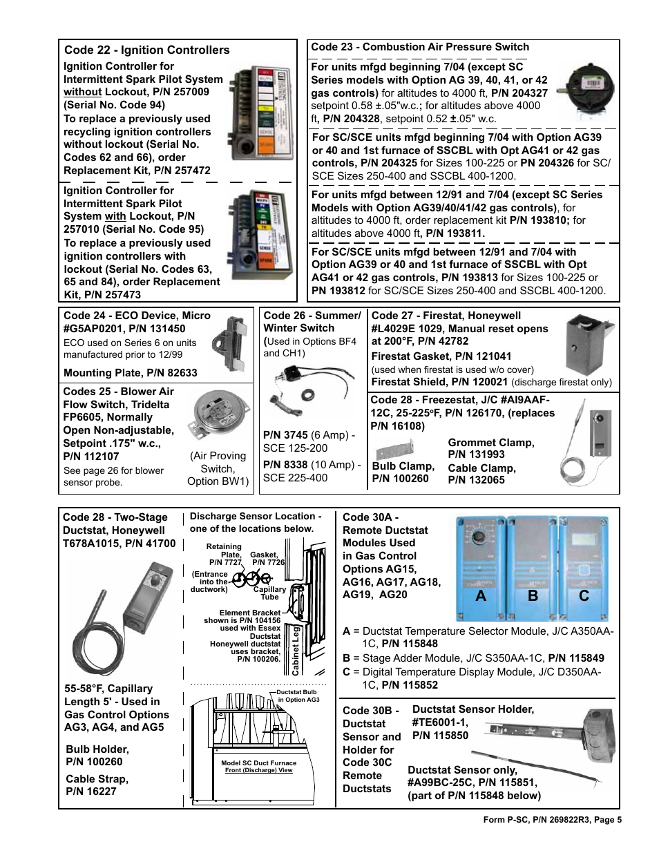 Air flow switch 5, Air pressure switch 5, Ductstat 5 | Ductstat sensor 5, Firestat 5, Freezestat 5, Ignition controllers 5, Summer/winter switch 5, Ab c | Reznor SSCDBL Parts Manuals User Manual | Page 5 / 28
