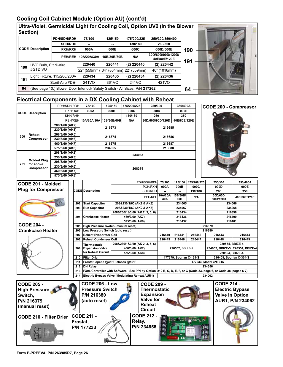 Reheat compressor 26, Crankcase heater 26, Filter drier 26 | Dx cooling cabinet with reheat 26, Pressure switch (refrigerant) 26, Reheat circuit 26, Iolet, germicidal light 26, Cooling coil cabinet module (option au) (cont’d) | Reznor SDH Parts Manuals User Manual | Page 26 / 44