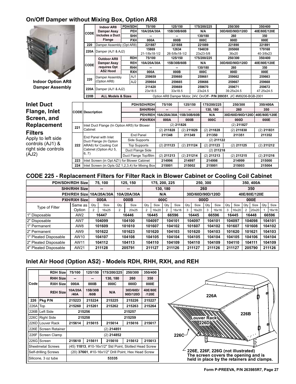 Ar8) 27, Duct flange 27, 31, Filters 27 | As2) 27, Inlet screen 27, On/off damper without mixing box, option ar8 | Reznor SDH Parts Manuals User Manual | Page 27 / 44