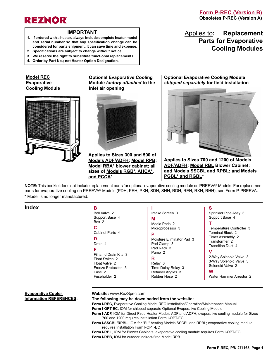 Reznor REC Parts Manuals User Manual | 4 pages