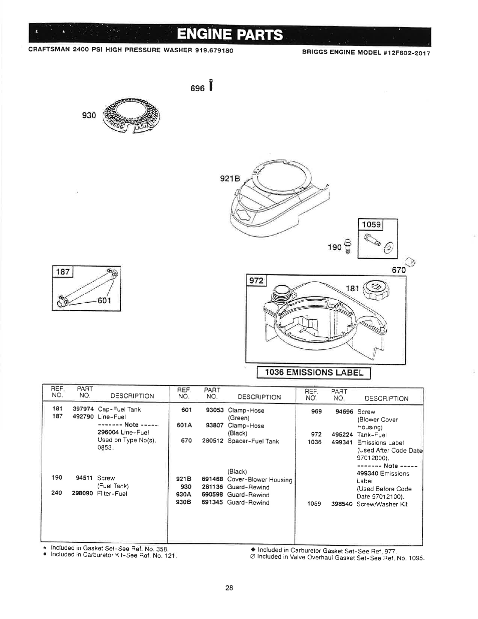 Engine parts | Craftsman 919.679180 User Manual | Page 28 / 33