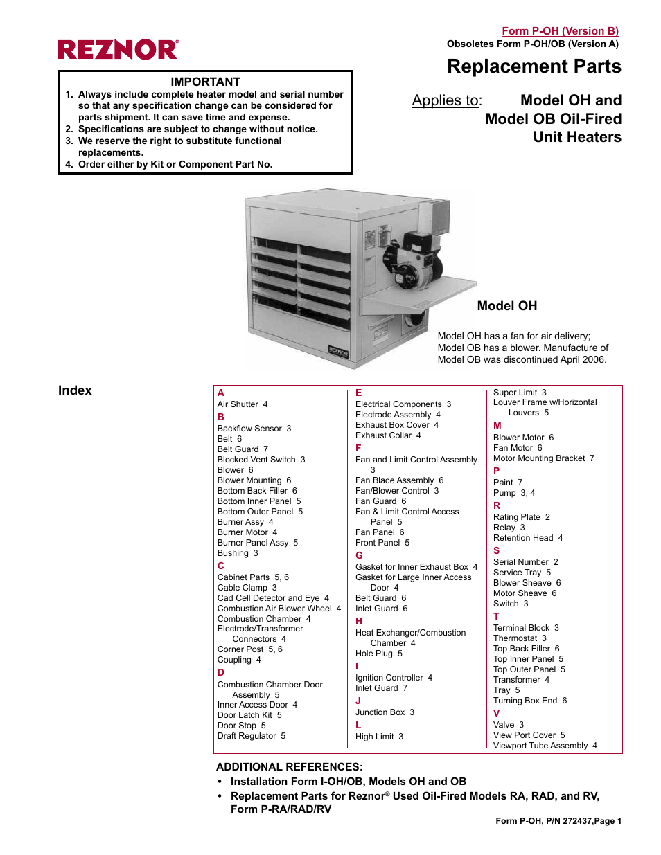 Reznor OH Parts Manuals User Manual | 8 pages