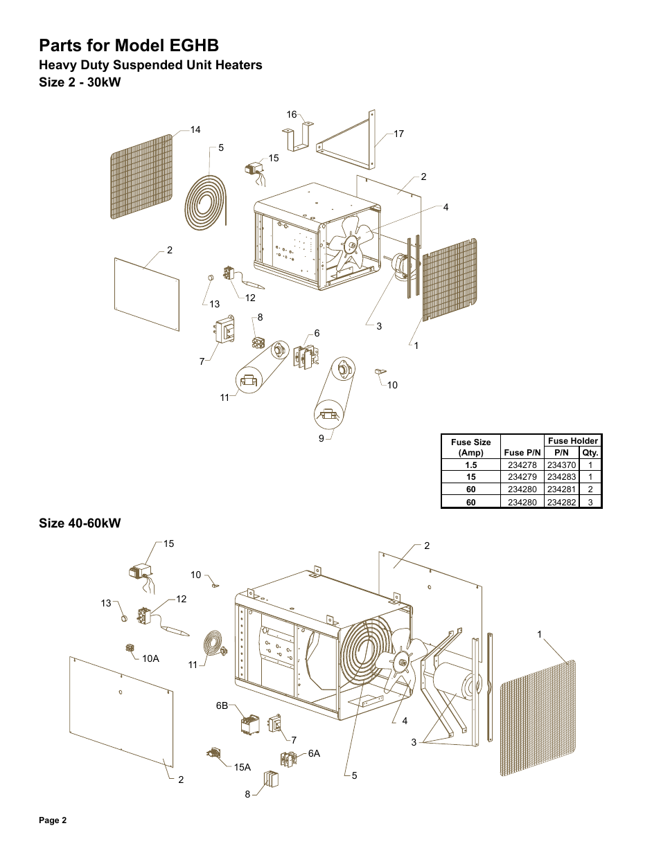 Parts for model eghb, Heavy duty suspended unit heaters size 2 - 30kw, Size 40-60kw | Reznor EGW Parts Manuals User Manual | Page 2 / 12