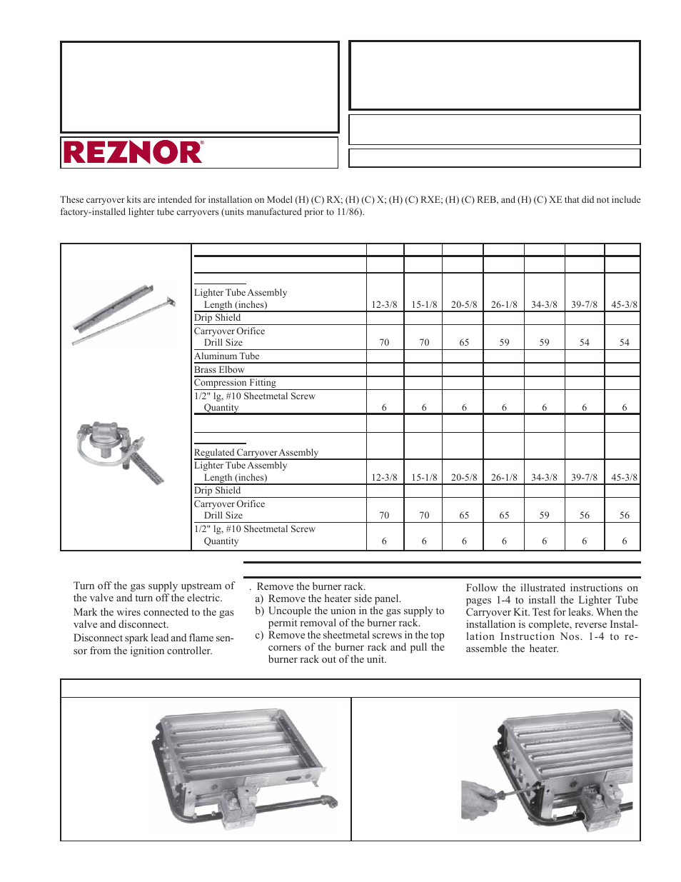 Reznor Carryover Lighter Tube Parts Manuals User Manual | 4 pages