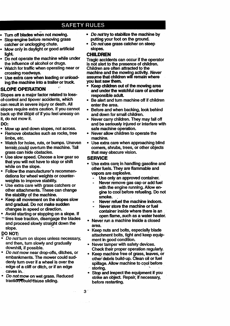 Safety rules, Slope operation, Children | Service | Craftsman 917.270711 User Manual | Page 3 / 64