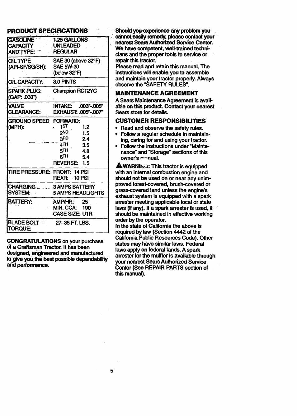 Product specircations, Maintenance agreement, Customer responsibilities | Craftsman 917.270711 User Manual | Page 5 / 64