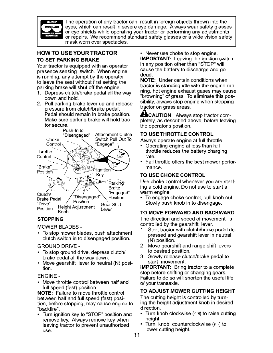 Stopping, To use throttle control, To use choke control | To adjust mower cutting height | Craftsman 917.276310 User Manual | Page 11 / 56