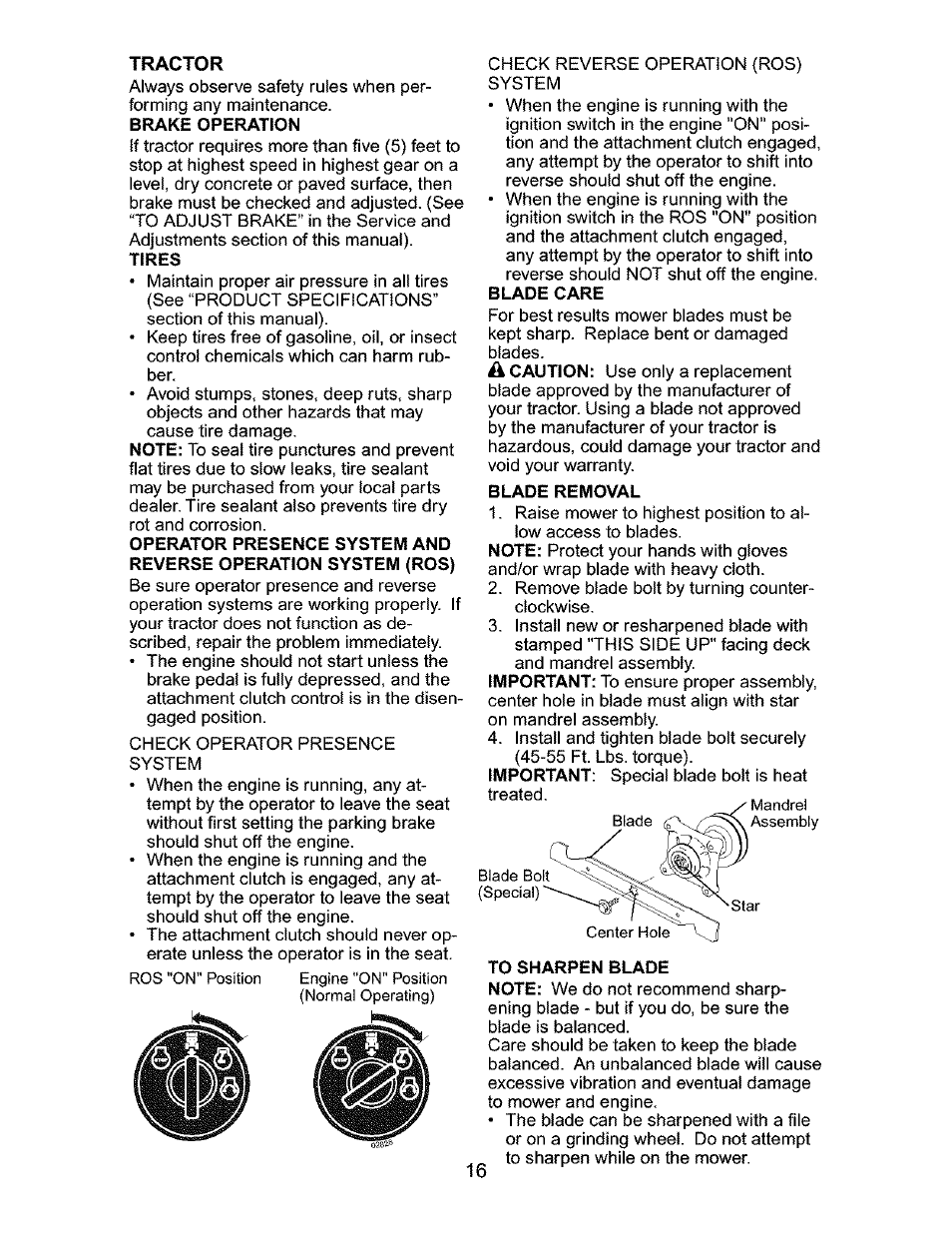 Tractor, Blade care, Blade removal | To sharpen blade | Craftsman 917.276310 User Manual | Page 16 / 56