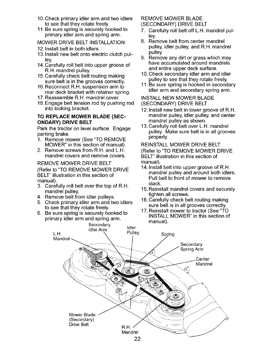 To replace mower blade (secondary) drive belt | Craftsman 917.276310 User Manual | Page 22 / 56