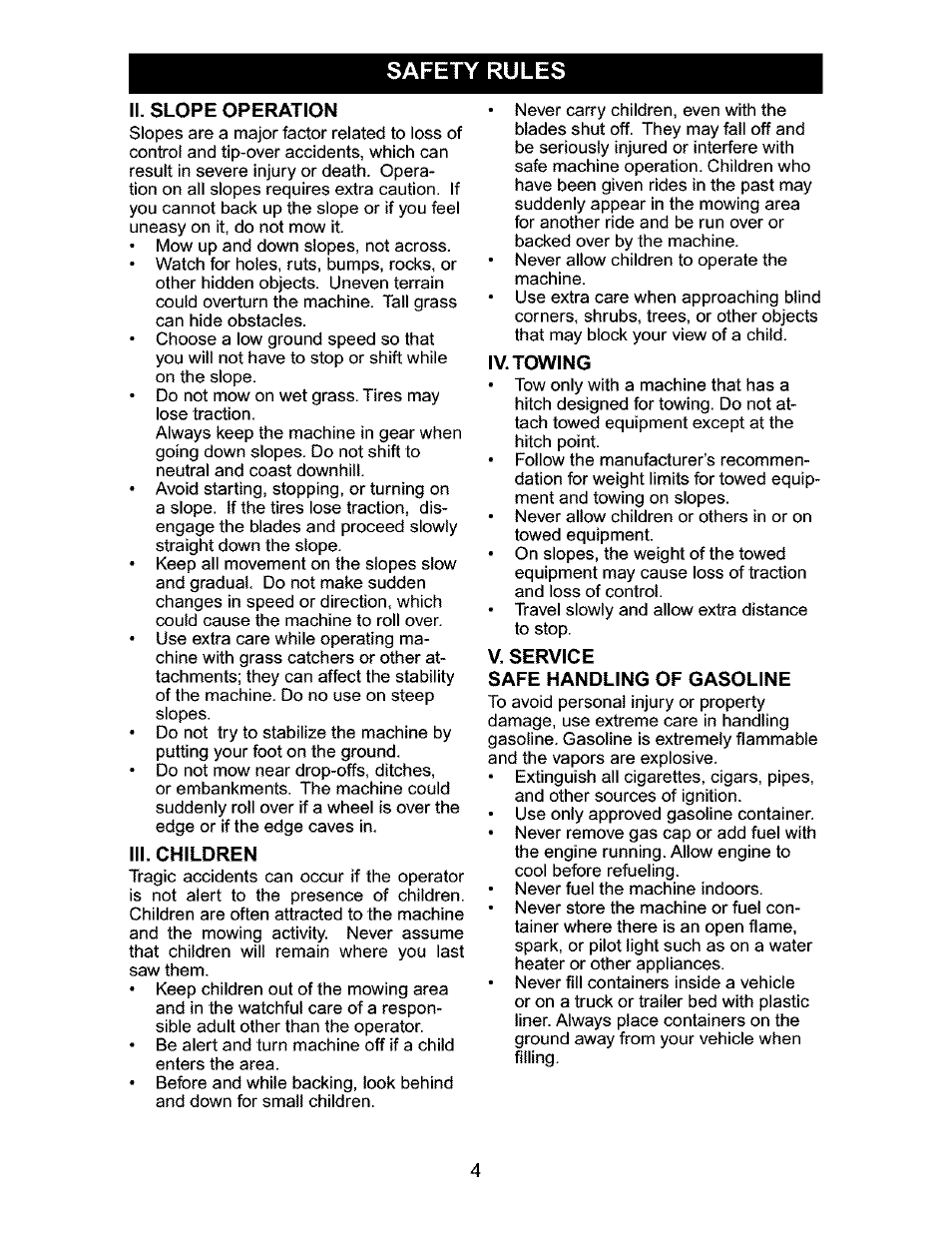 Ii. slope operation, Ill children, Iv. towing | V. service, Safe handling of gasoline, Safety rules | Craftsman 917.276310 User Manual | Page 4 / 56