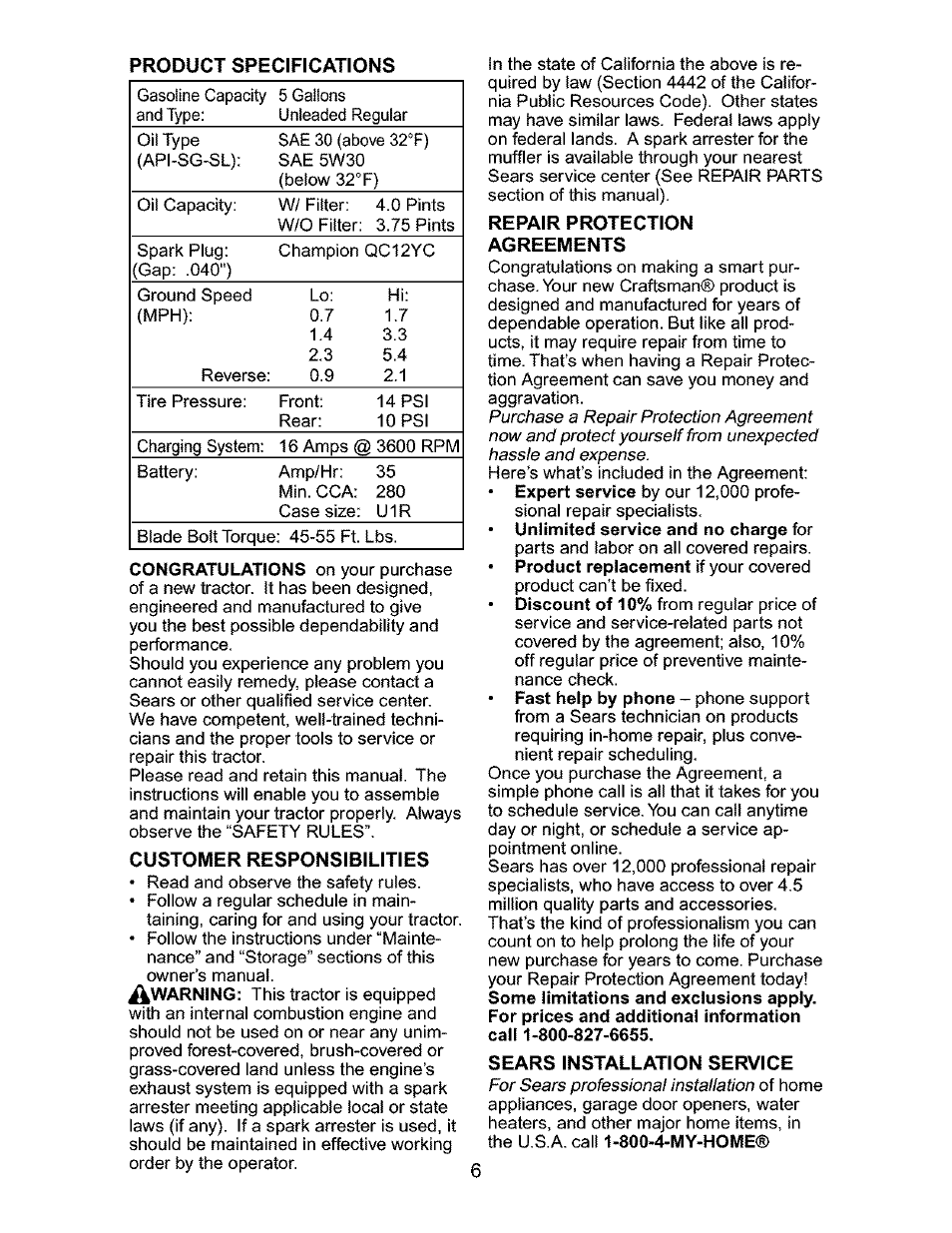 Customer responsibilities, Repair protection agreements, Sears installation service | Craftsman 917.276310 User Manual | Page 6 / 56