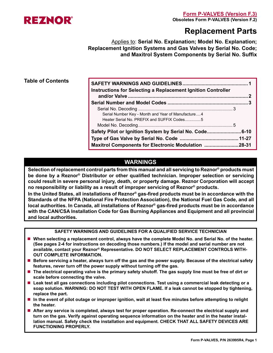 Reznor Valves Parts Manuals User Manual | 32 pages