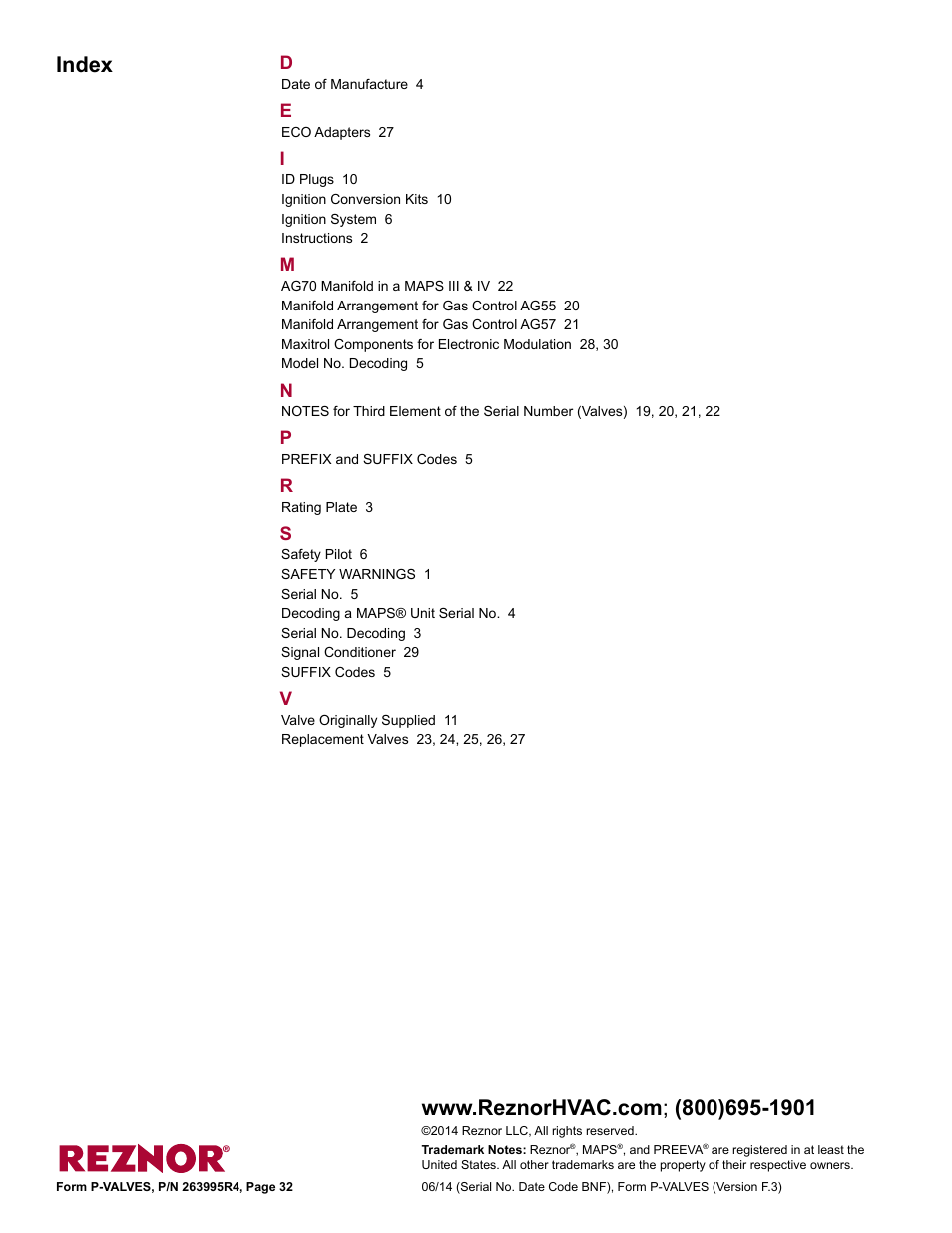 Index | Reznor Valves Parts Manuals User Manual | Page 32 / 32