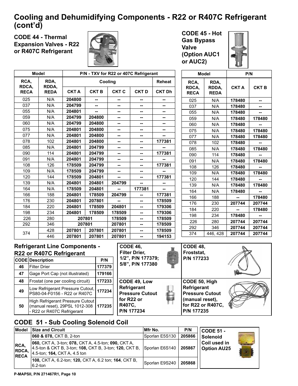 Filter drier 10, Frostat 10, Gage port cap 10 | Alve 10, Sub cooling solenoid coil 10, Alves 10, Code 51 - sub cooling solenoid coil | Reznor MAPSII Series Parts Manuals User Manual | Page 11 / 29