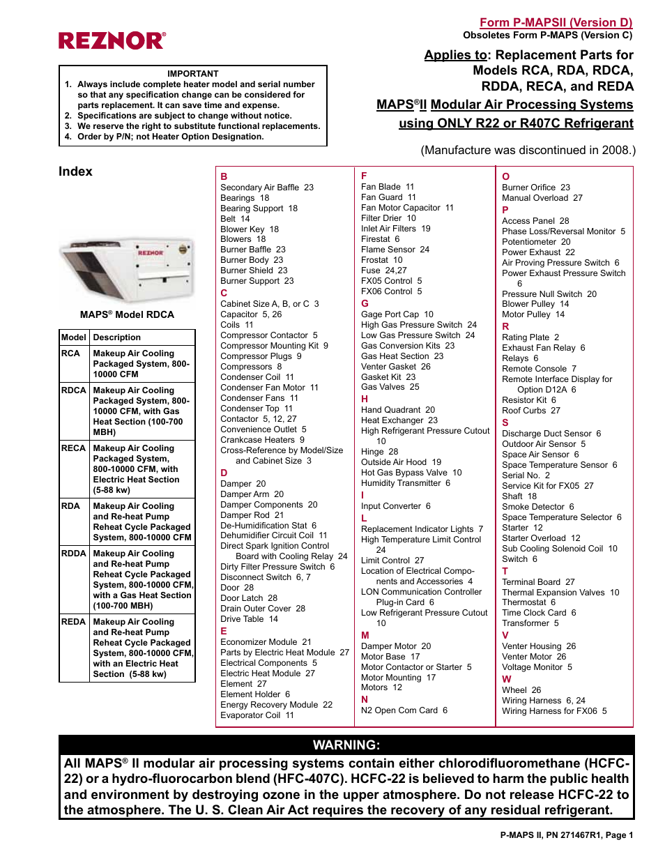 Index warning: all maps, Form p-mapsii (version d), Manufacture was discontinued in 2008.) | Reznor MAPSII Series Parts Manuals User Manual | Page 2 / 29
