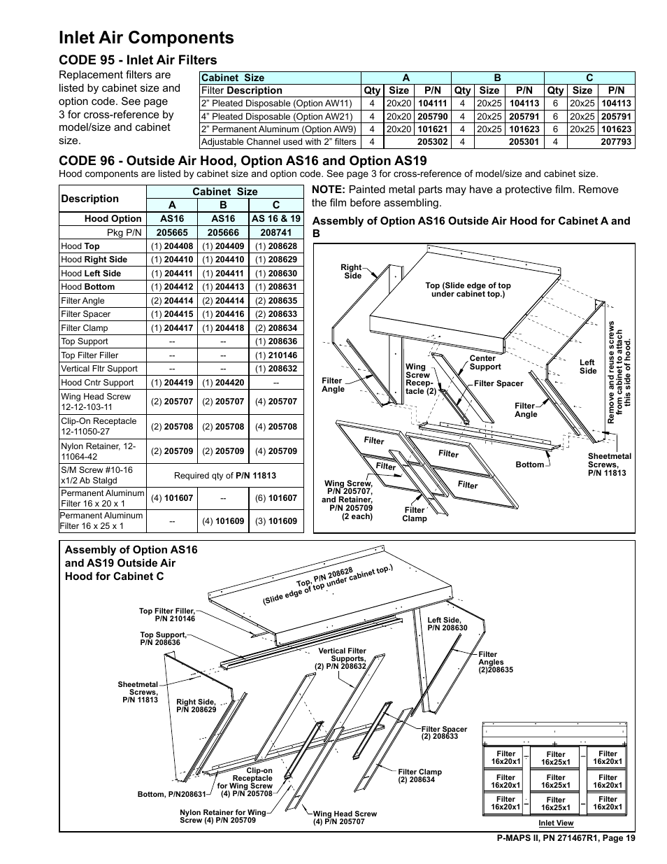 Air filters 19, Air hood 19, Inlet air components | Code 95 - inlet air filters | Reznor MAPSII Series Parts Manuals User Manual | Page 20 / 29