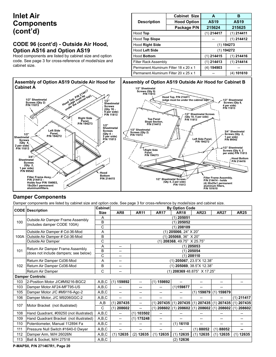 Damper 20, Arm 20, Damper components 20 | Hand quadrant 20, Damper motor 20, Potentiometer 20, Pressure null switch 20, Inlet air components (cont’d), Damper components | Reznor MAPSII Series Parts Manuals User Manual | Page 21 / 29
