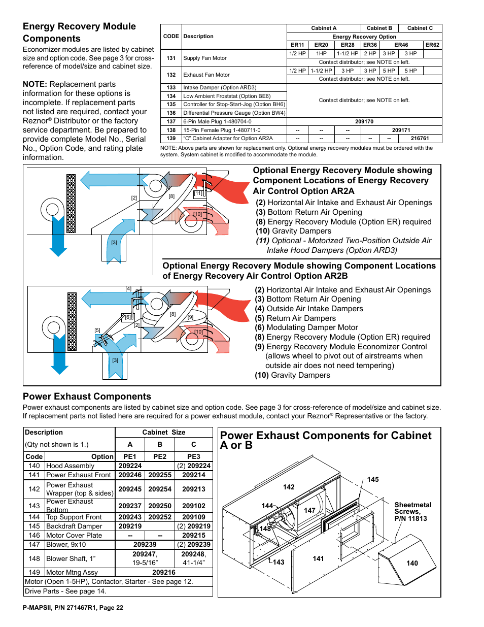 Energy recovery module 22, Power exhaust 22, Power exhaust components for cabinet a or b | Energy recovery module components, Power exhaust components | Reznor MAPSII Series Parts Manuals User Manual | Page 23 / 29