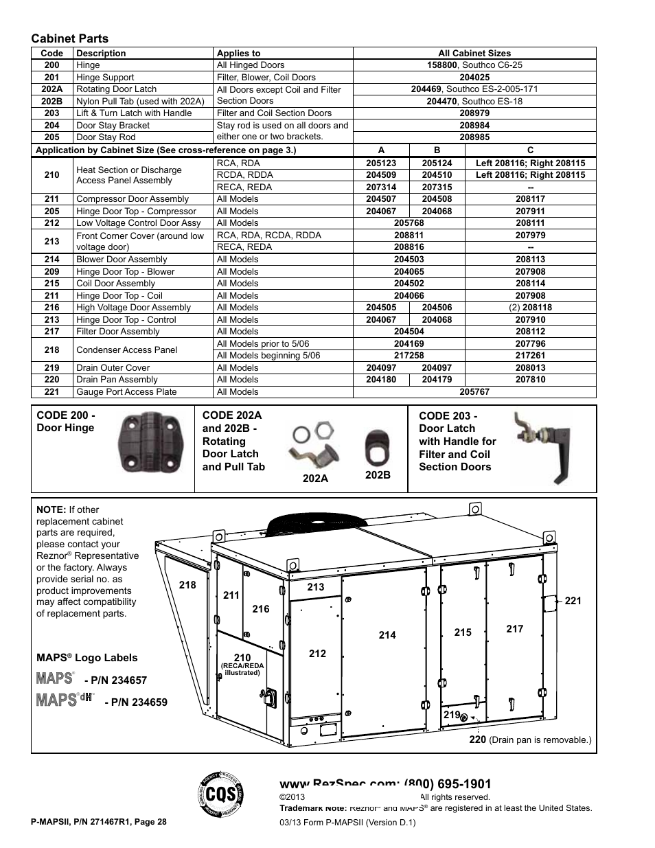 Door 28, Door latch 28, Drain outer cover 28 | Hinge 28, Access panel 28, Cabinet parts | Reznor MAPSII Series Parts Manuals User Manual | Page 29 / 29