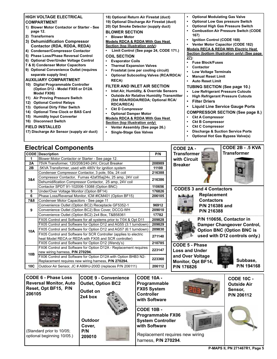 Capacitor 5, 26, Compressor contactor 5, Contactor 5, 12, 27 | Convenience outlet 5, Electrical components 5, Fx05 control 5, Fx06 control 5, Motor contactor or starter 5, Phase loss/reversal monitor 5, Air sensor 5 | Reznor MAPSII Series Parts Manuals User Manual | Page 6 / 29