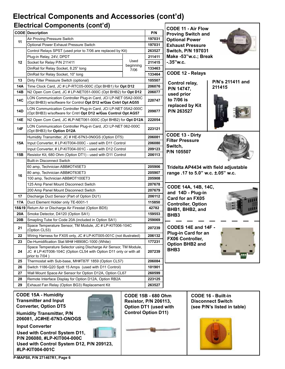 De-humidification stat 6, Dirty filter pressure switch 6, Disconnect switch 6, 7 | Element holder 6, Firestat 6, Ransmitter 6, Input converter 6, Plug-in card 6, N2 open com card 6, Air proving pressure switch 6 | Reznor MAPSII Series Parts Manuals User Manual | Page 7 / 29