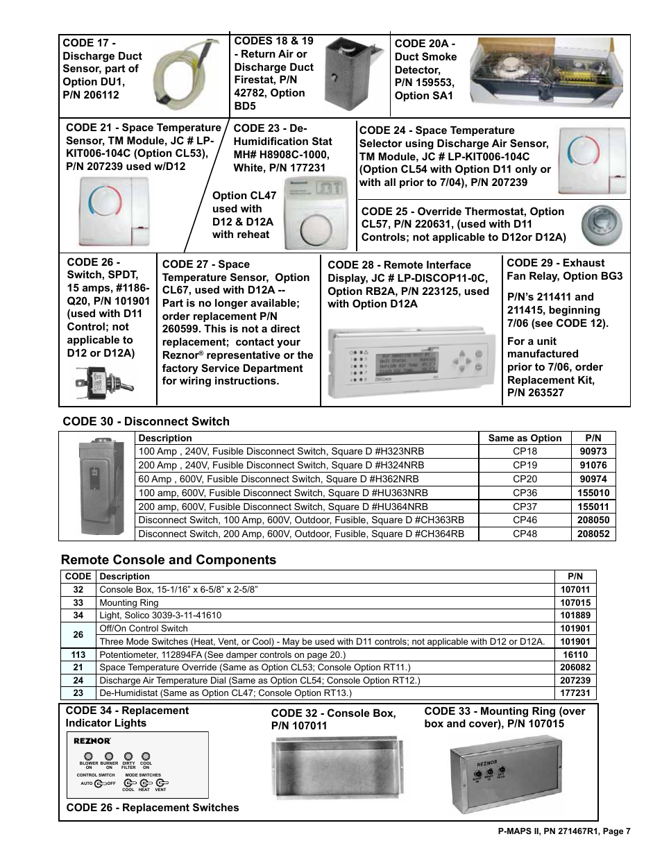 Replacement indicator lights 7, Remote console 7, Remote console and components | Code 30 - disconnect switch | Reznor MAPSII Series Parts Manuals User Manual | Page 8 / 29