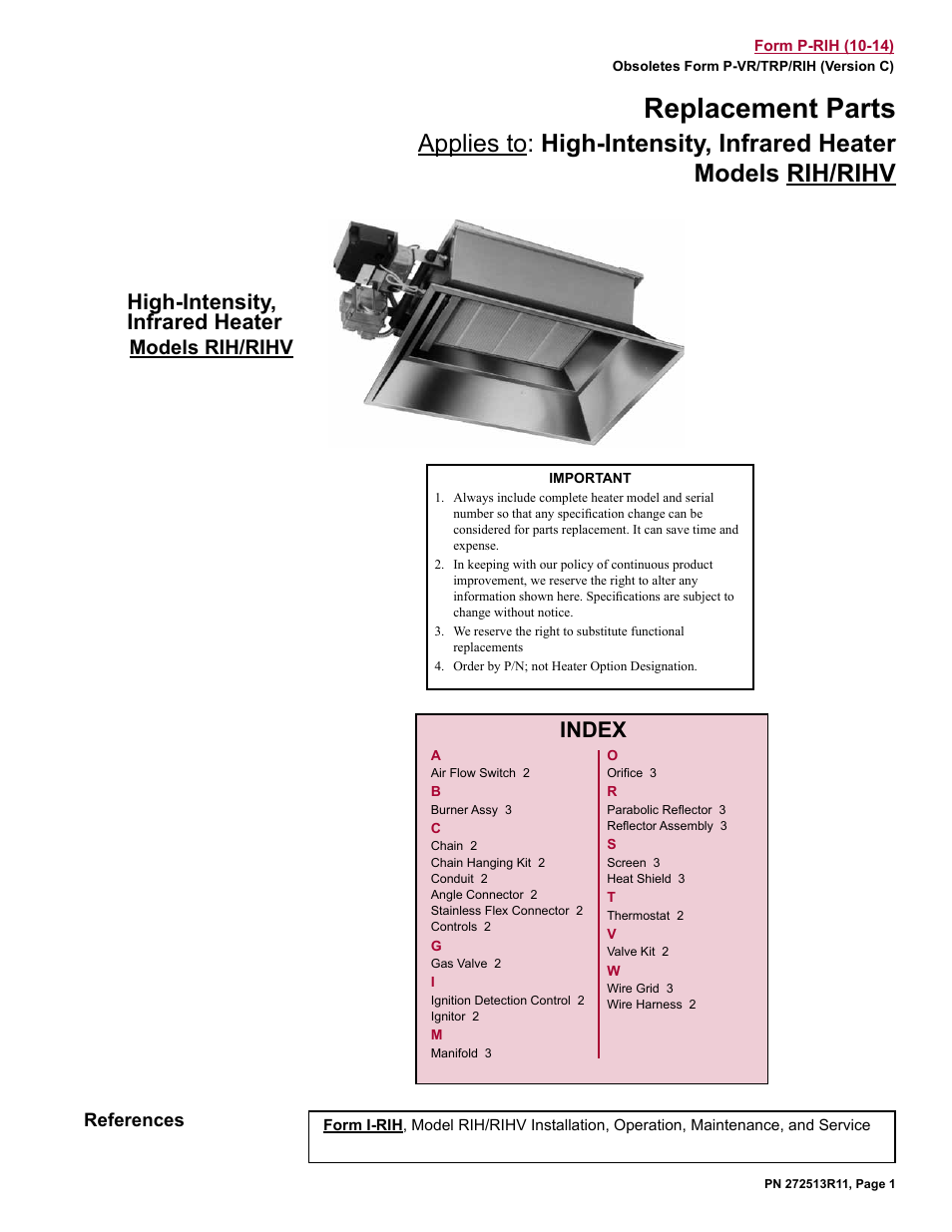 Reznor RIH Series Parts Manuals User Manual | 4 pages