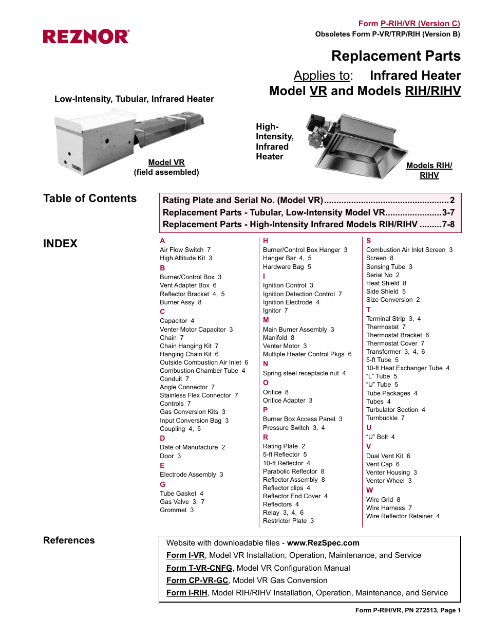 Reznor VR Parts Manuals User Manual | 8 pages