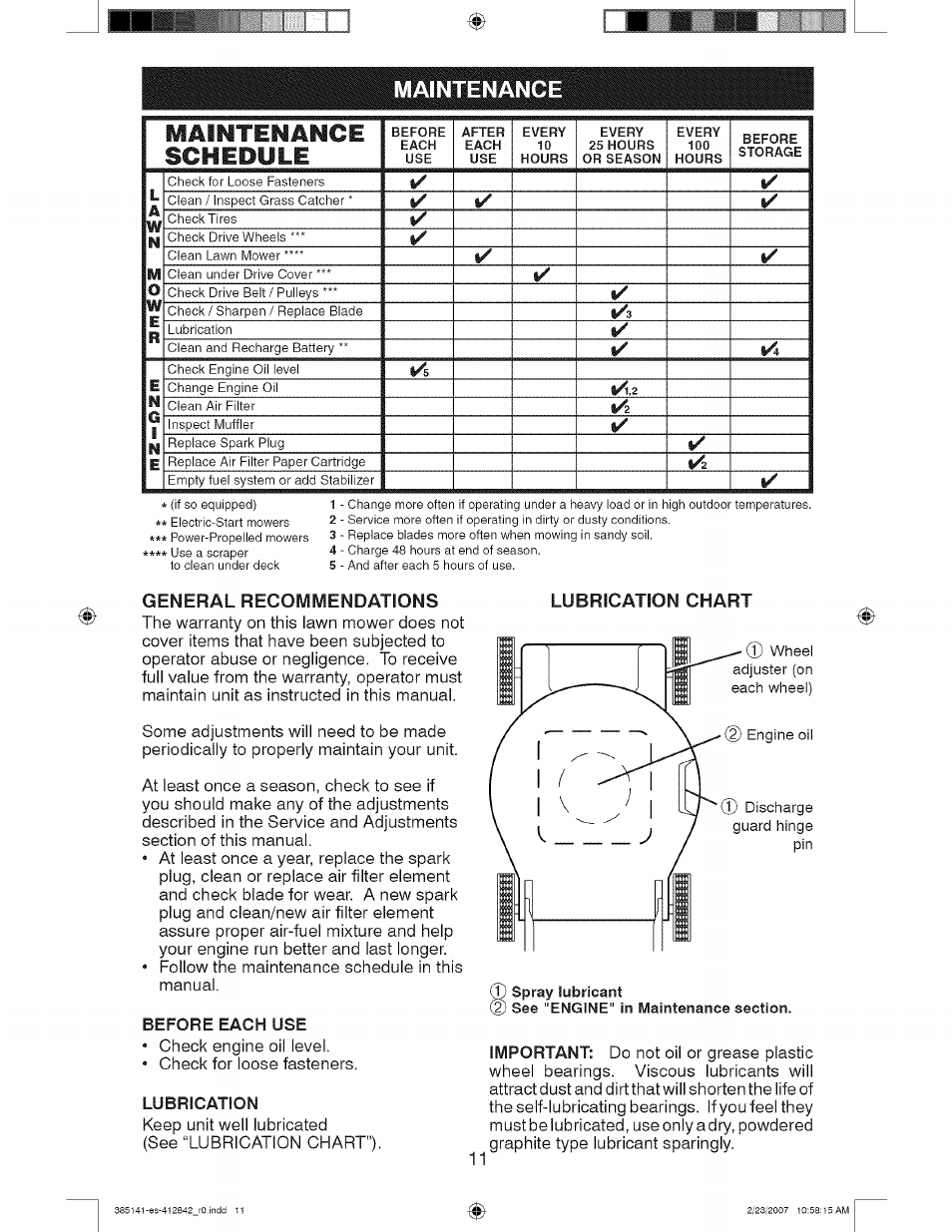 Maintenance, Before each use, Lubrication | Maintenaiice schedule, General recommendations | Craftsman 917.385141 User Manual | Page 11 / 40