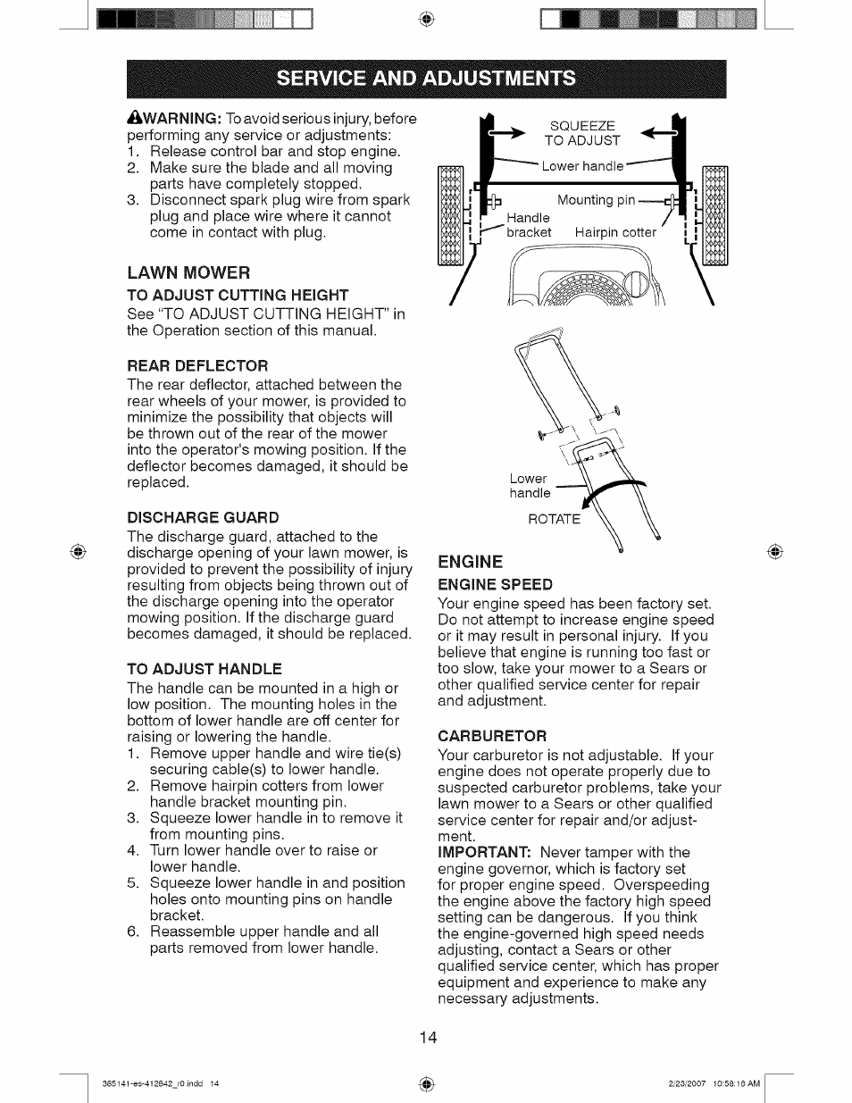 Service and adjustments, Lawn mower to adjust cutting height, Rear deflector | Discharge guard, To adjust handle, Engine speed, Carburetor | Craftsman 917.385141 User Manual | Page 14 / 40