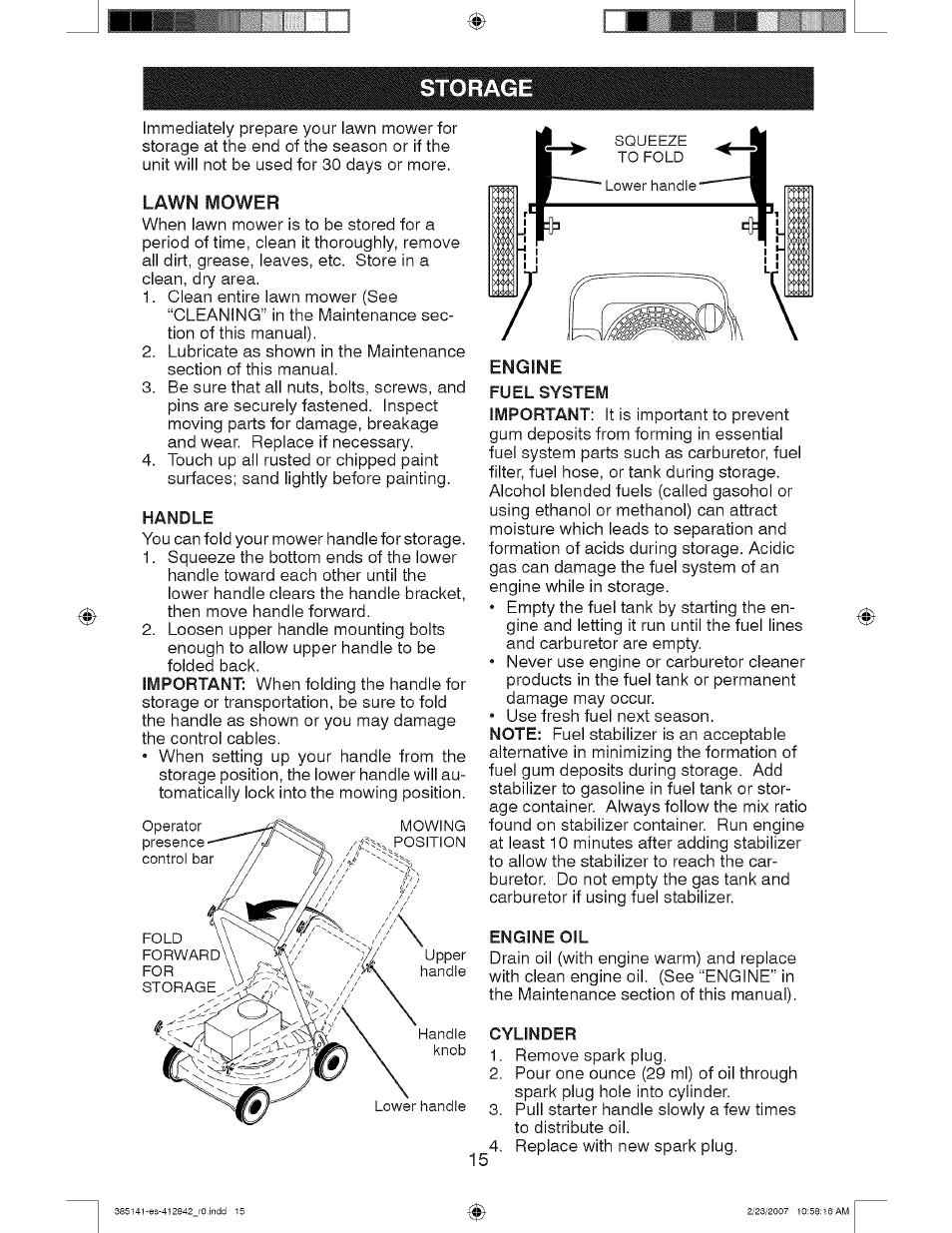 Storage, Lawn mower, Handle | Engine oil, Cylinder | Craftsman 917.385141 User Manual | Page 15 / 40