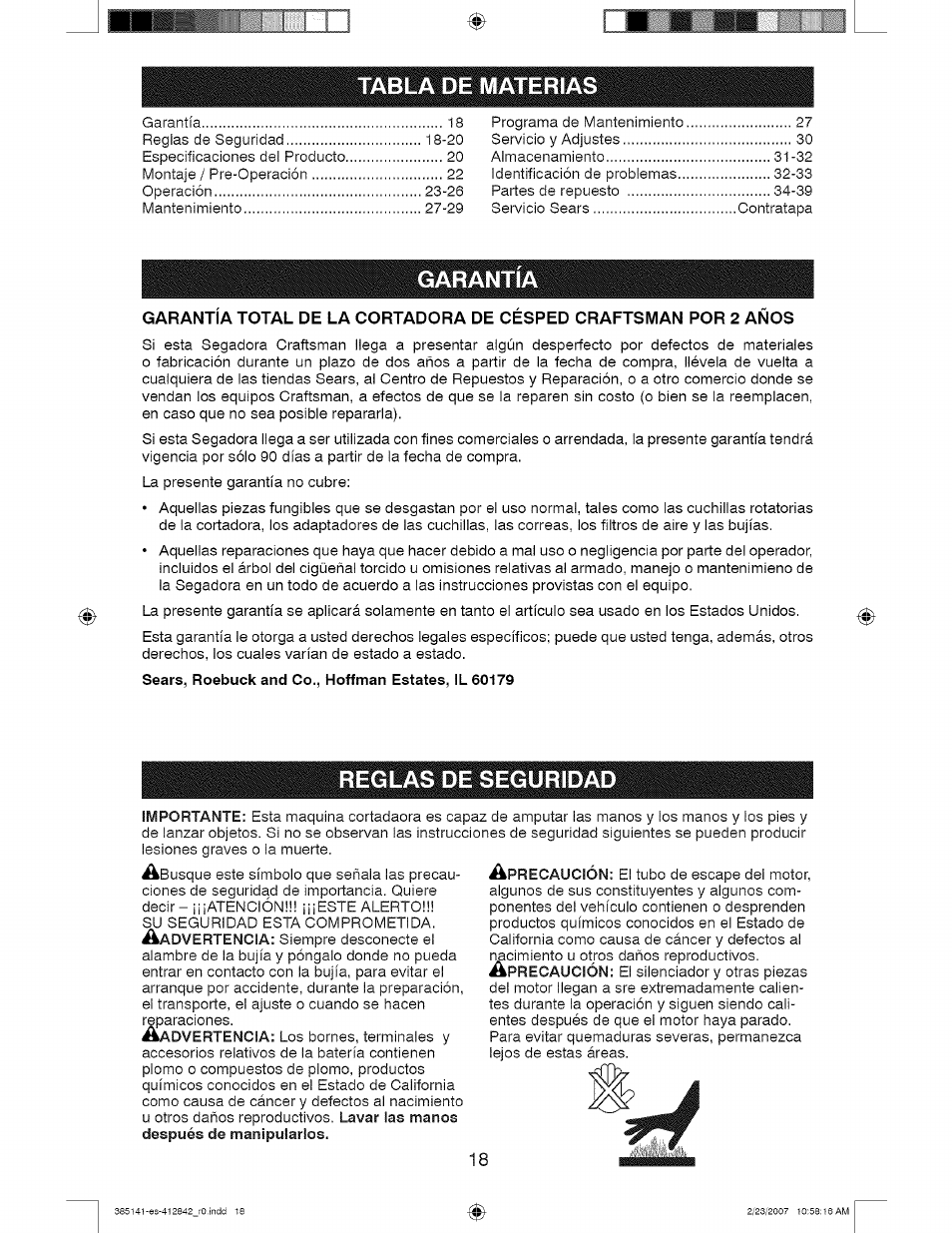 Tabla de materias, Garantia | Craftsman 917.385141 User Manual | Page 18 / 40