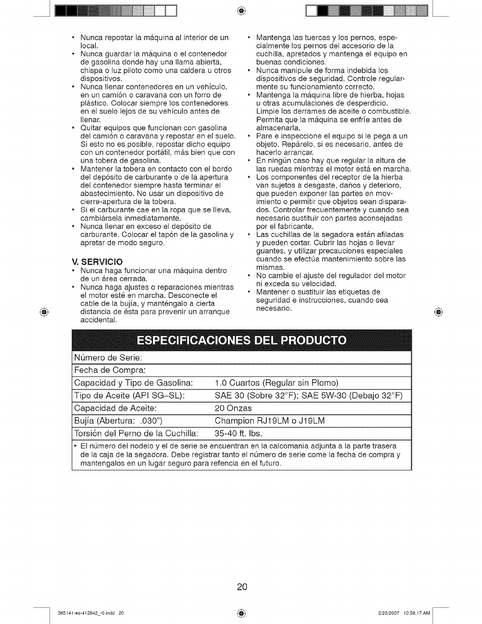 V. servicio, Espegificagiqnes del prqdugto | Craftsman 917.385141 User Manual | Page 20 / 40