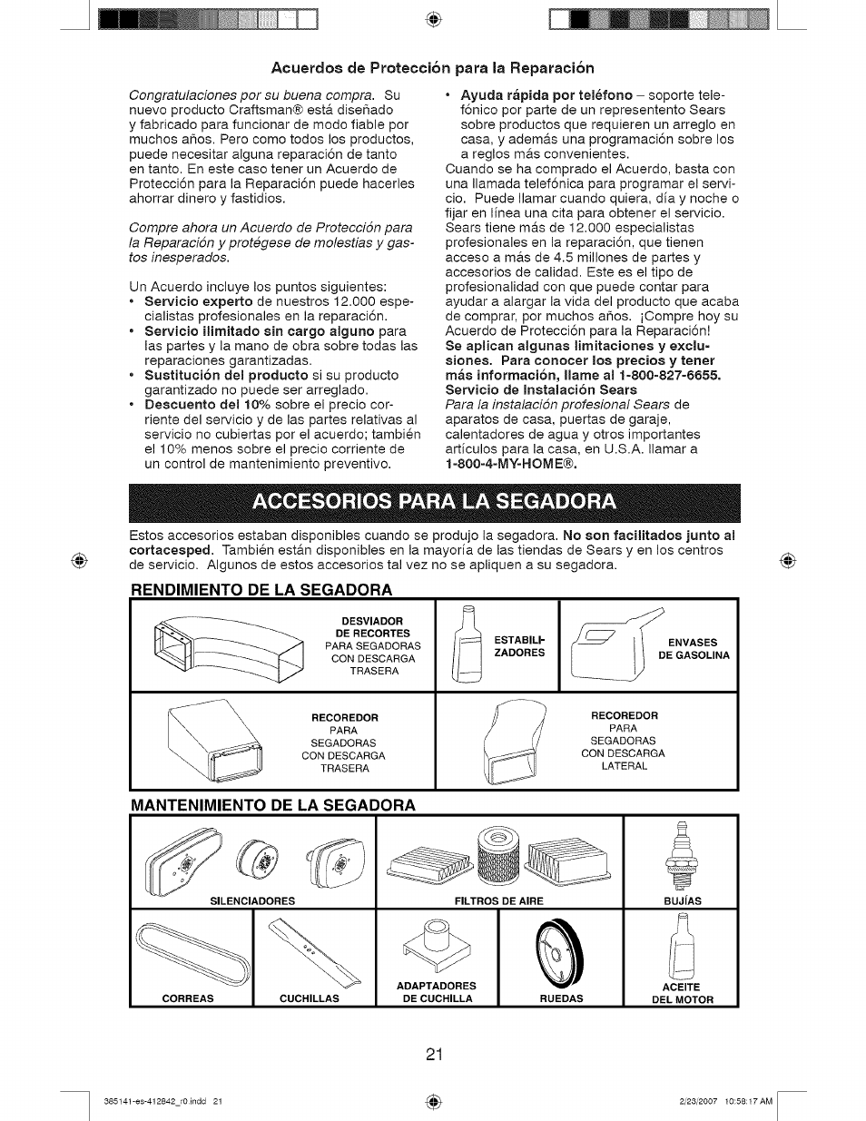 Acuerdos de protección para la reparación, Accesorios para la segadora, Rendimiento de la segadora | Craftsman 917.385141 User Manual | Page 21 / 40