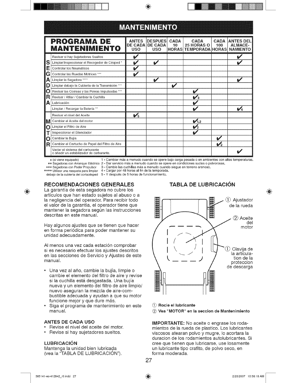 Mantenimento, Mantenimiento -29, Programa de mantenimiento | Recomendaciones generales, Tabla de lubricación | Craftsman 917.385141 User Manual | Page 27 / 40