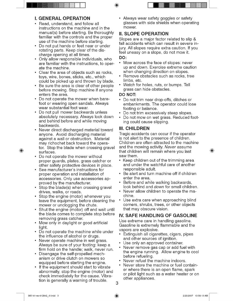Ii. slope operation, Do not, Iii. children | Iv. safe handling of gasoline | Craftsman 917.385141 User Manual | Page 3 / 40