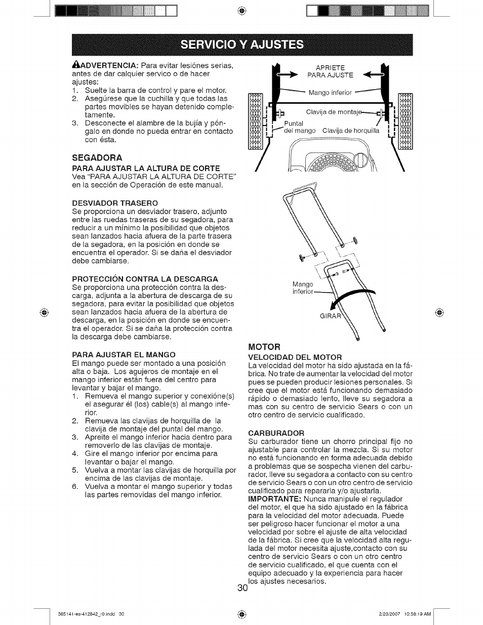 Servicio y ajustes, Servicio y adjustes, Segadora | Craftsman 917.385141 User Manual | Page 30 / 40