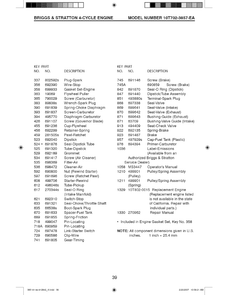 Stratton, Briggs, Cycle engine | Craftsman 917.385141 User Manual | Page 39 / 40