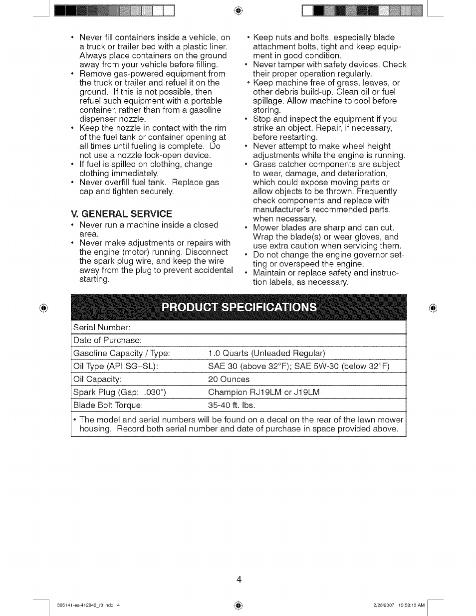 V. general service | Craftsman 917.385141 User Manual | Page 4 / 40