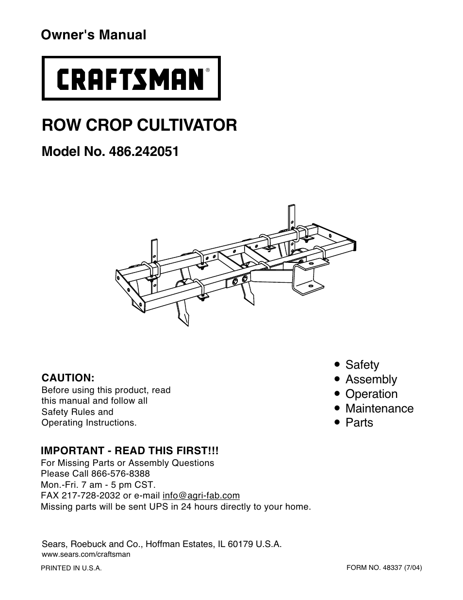 Craftsman ROW CROP CULTIVATOR 486.242051 User Manual | 8 pages