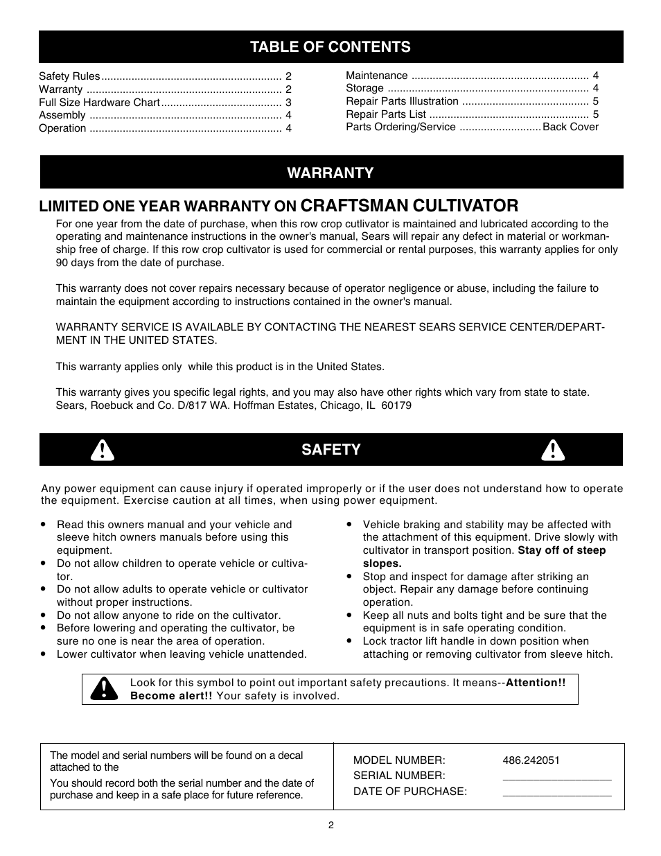 Craftsman ROW CROP CULTIVATOR 486.242051 User Manual | Page 2 / 8