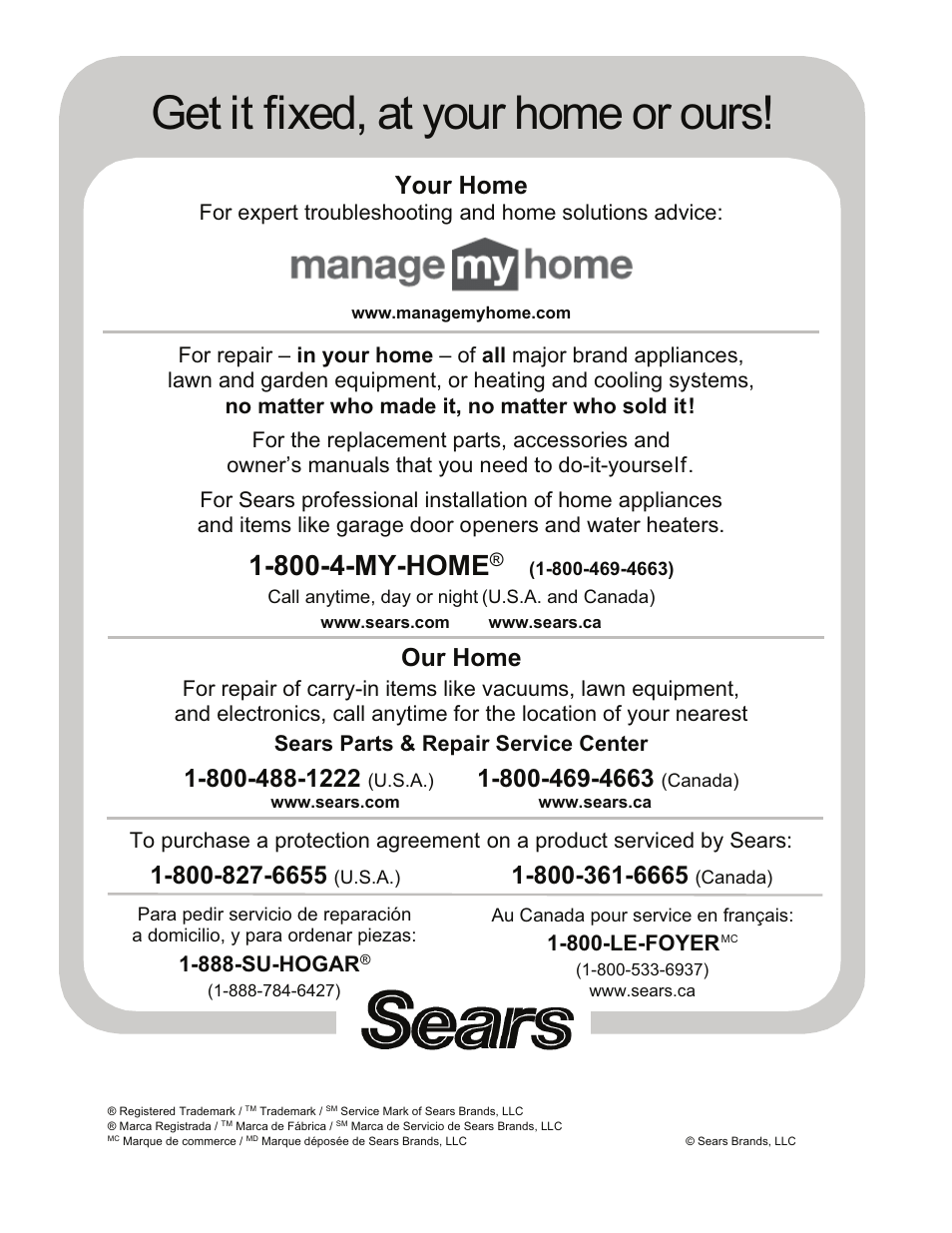 Get it fixed, at your home or ours, 800-4-my-home, Your home | Our home, 888-su-hogar, 800-le-foyer | Craftsman 351.21833 User Manual | Page 12 / 12