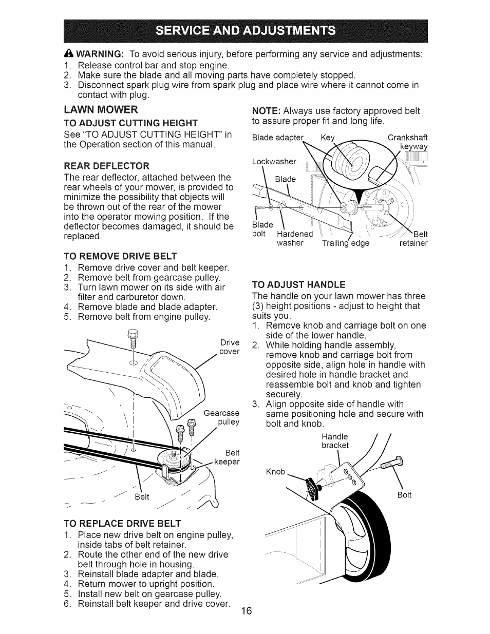 Service and adjustments, Lawn mower to adjust cutting height, Rear deflector | To remove drive belt, To replace drive belt, To adjust handle | Craftsman 917.376394 User Manual | Page 16 / 48