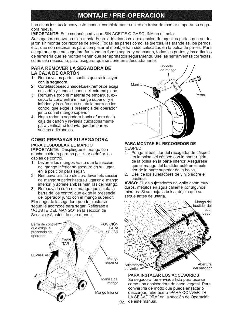 Para remover la segadora de la caja de cartón, Montaje / pre-operacion, Como preparar su segadora | Craftsman 917.376394 User Manual | Page 24 / 48