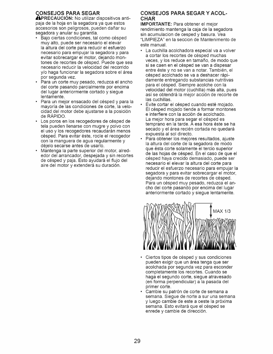 Consejos para segar y acolchar, Consejos para segar, Consejos para segar y acol­ char | Craftsman 917.376394 User Manual | Page 29 / 48