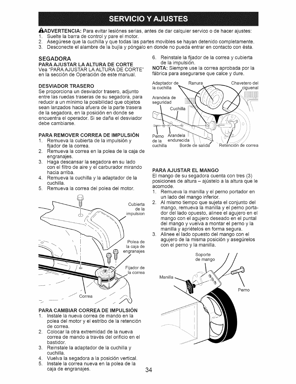 Servicio y ajustes, Segadora, Servicio y adjustes -34 | Craftsman 917.376394 User Manual | Page 34 / 48