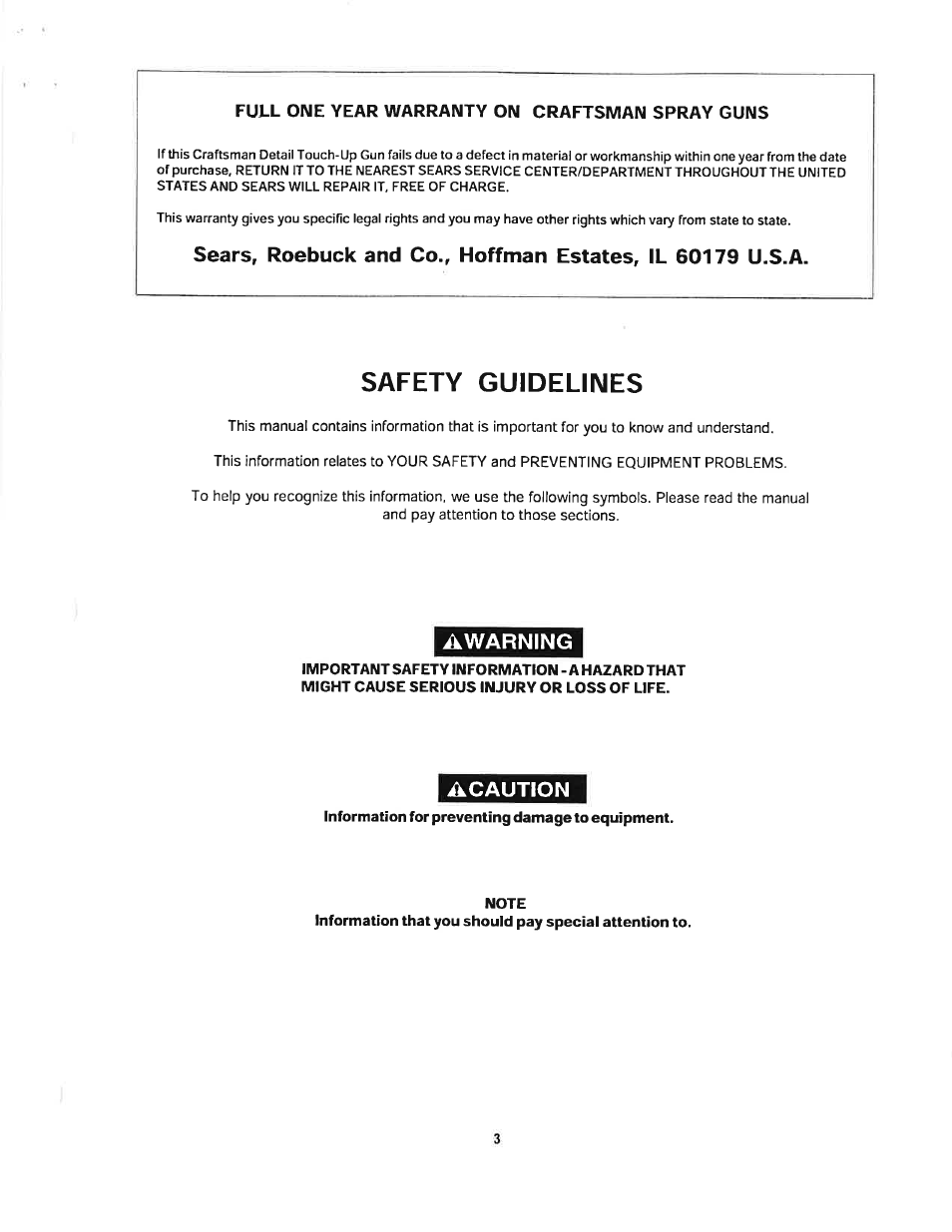 Fuj-l oime year warranty on craftsman spray guns, Safety guidelines, Awarning | Acaution | Craftsman 919.150020 User Manual | Page 3 / 10