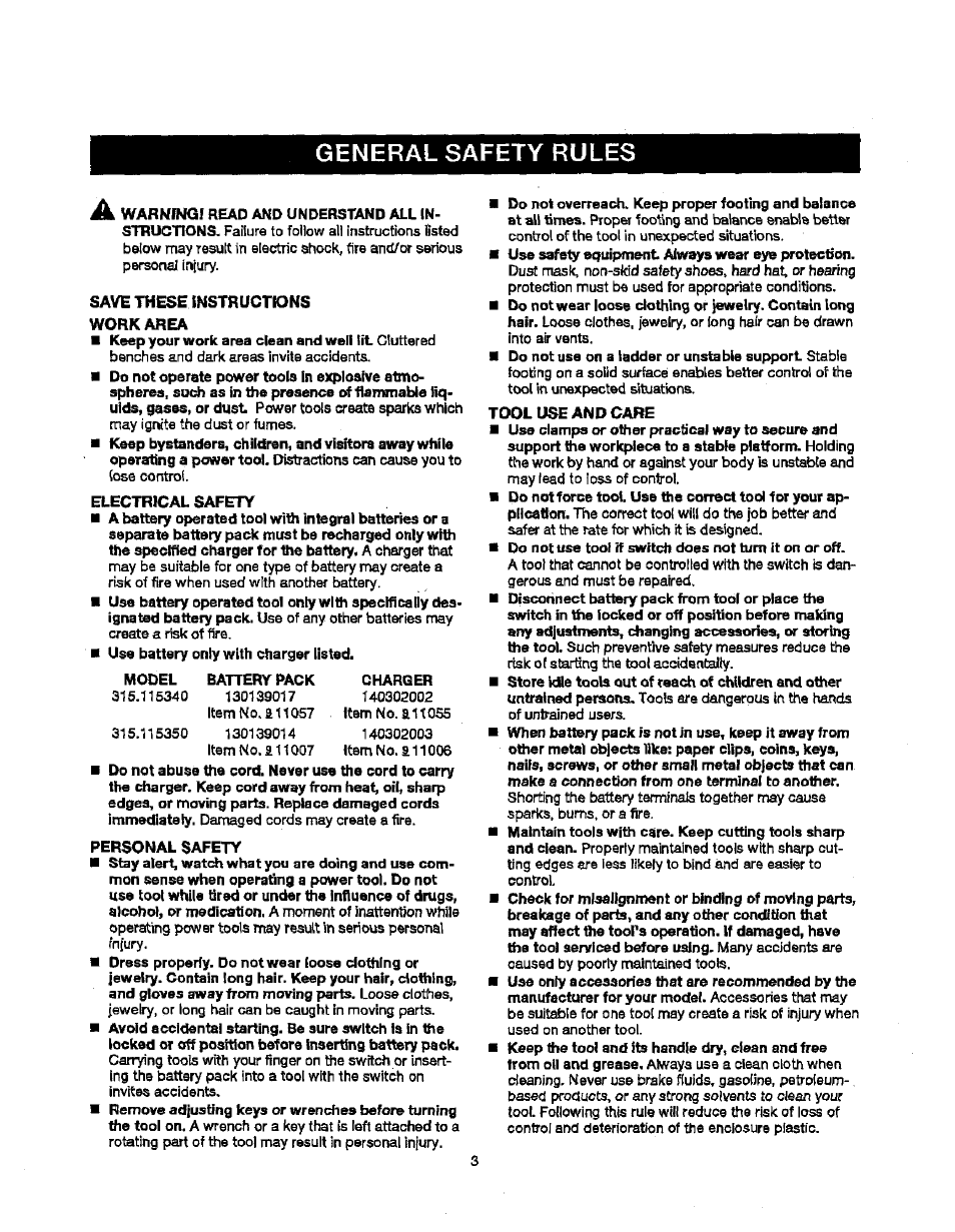 General safety rules | Craftsman 315.115340 User Manual | Page 3 / 20